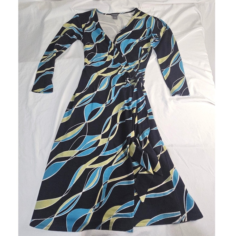 Ann Taylor Womens Wrap Dress Size 0 Black‎ Blue Green Abstract Geometric
